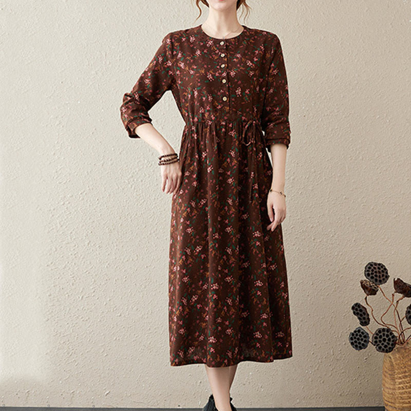 Buddha Stones Ethnic Printing Floral Long Sleeve Buttons Design Cotton Linen Midi Dress With Pockets - image 3