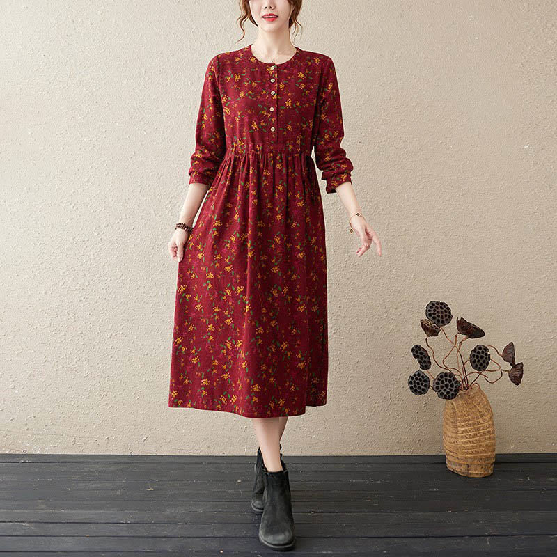 Buddha Stones Ethnic Printing Floral Long Sleeve Buttons Design Cotton Linen Midi Dress With Pockets - FireBrick - US12，UK/AU16，EU44 (3XL) - image 11