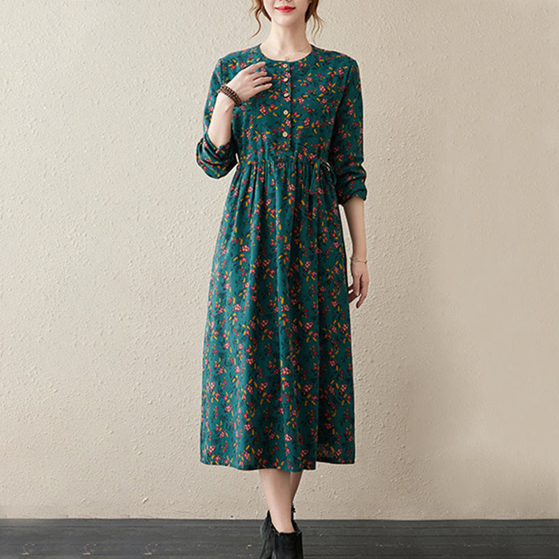 Buddha Stones Casual Ethnic Printing Floral Buttons Design Cotton Linen Midi Dress With Pockets - image 8