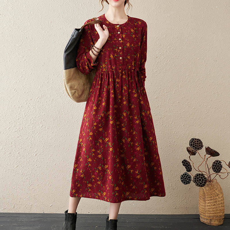 Buddha Stones Ethnic Printing Floral Long Sleeve Buttons Design Cotton Linen Midi Dress With Pockets - image 13