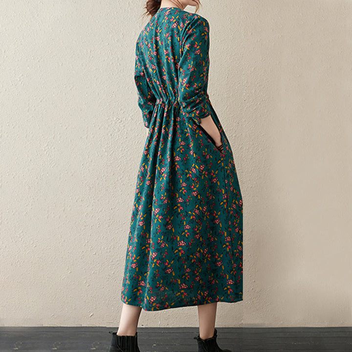 Buddha Stones Ethnic Printing Floral Long Sleeve Buttons Design Cotton Linen Midi Dress With Pockets - image 9