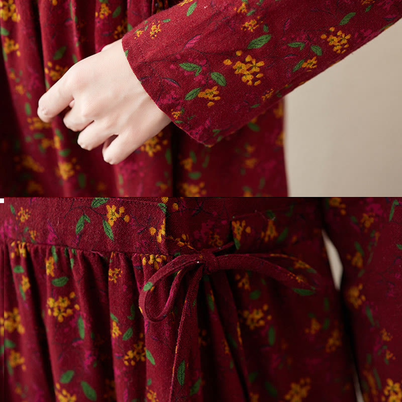 Buddha Stones Ethnic Printing Floral Long Sleeve Buttons Design Cotton Linen Midi Dress With Pockets - image 18