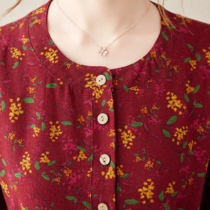 Buddha Stones Ethnic Printing Floral Long Sleeve Buttons Design Cotton Linen Midi Dress With Pockets - image 16