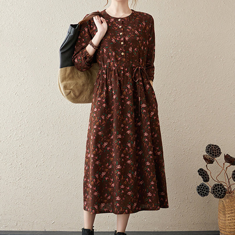 Buddha Stones Ethnic Printing Floral Long Sleeve Buttons Design Cotton Linen Midi Dress With Pockets - image 5