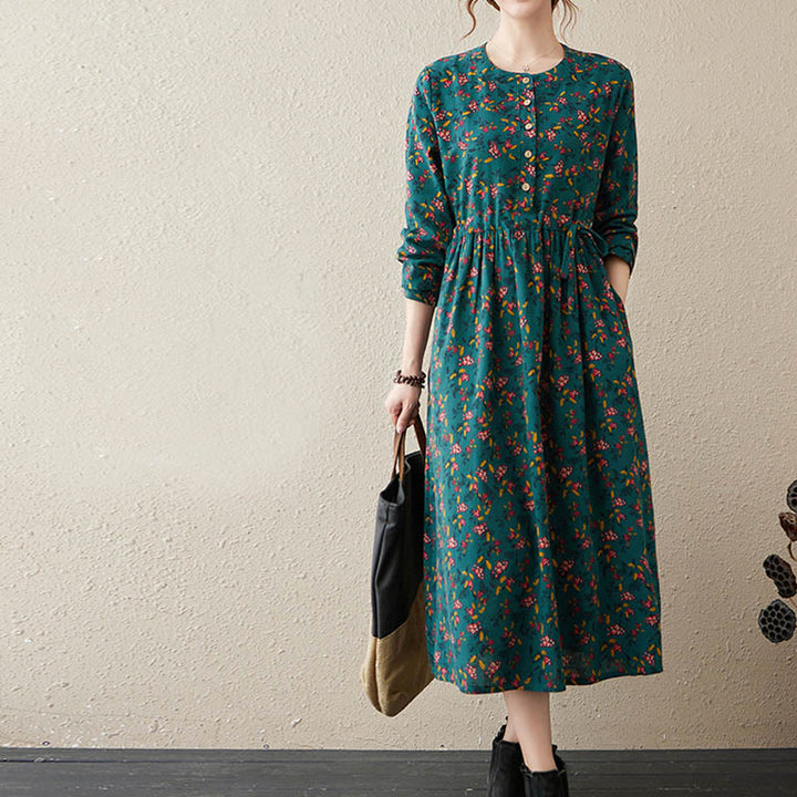 Buddha Stones Ethnic Printing Floral Long Sleeve Buttons Design Cotton Linen Midi Dress With Pockets - image 10