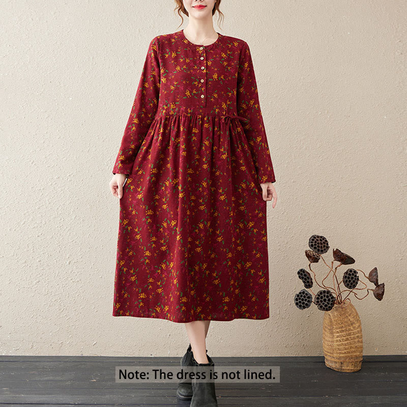 Buddha Stones Ethnic Printing Floral Long Sleeve Buttons Design Cotton Linen Midi Dress With Pockets - image 12