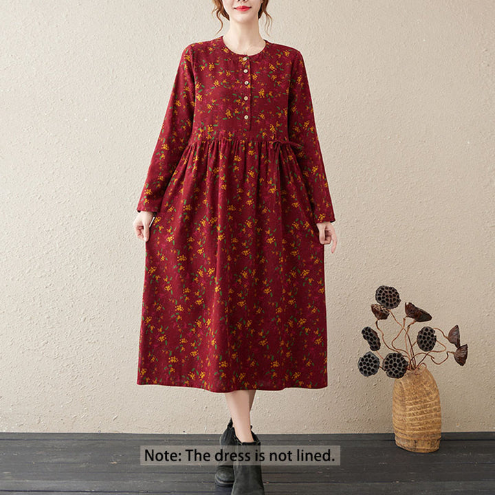 Buddha Stones Ethnic Printing Floral Long Sleeve Buttons Design Cotton Linen Midi Dress With Pockets - image 12