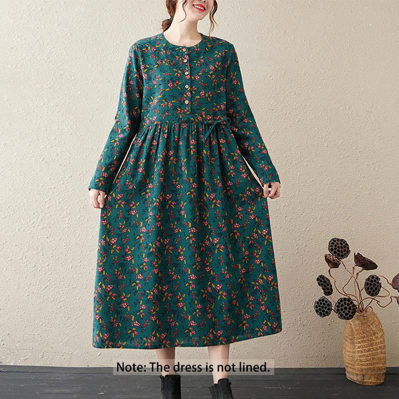 Buddha Stones Ethnic Printing Floral Long Sleeve Buttons Design Cotton Linen Midi Dress With Pockets - image 7