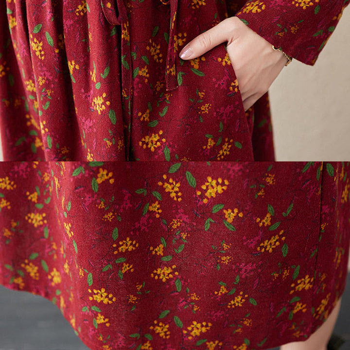 Buddha Stones Ethnic Printing Floral Long Sleeve Buttons Design Cotton Linen Midi Dress With Pockets - image 20