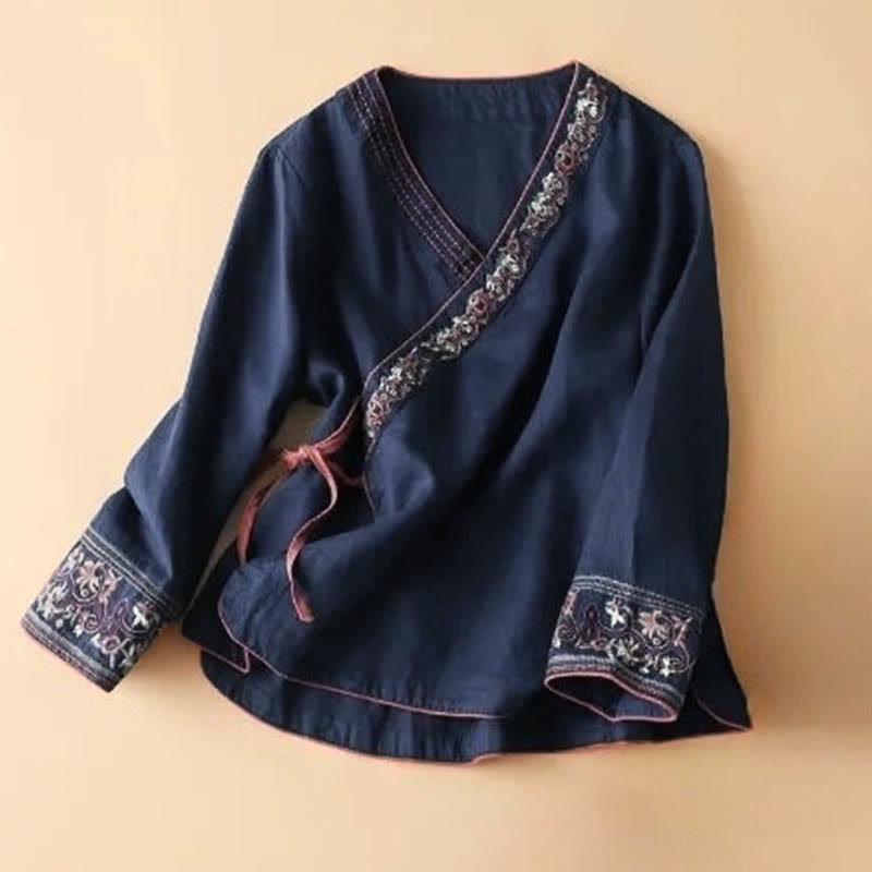 Buddha Stones Casual Embroidered Flowers Slant Collar Strap Long Sleeve Cotton Women's Shirt - Navy - US12，UK/AU16，EU44 (3XL) - image 10