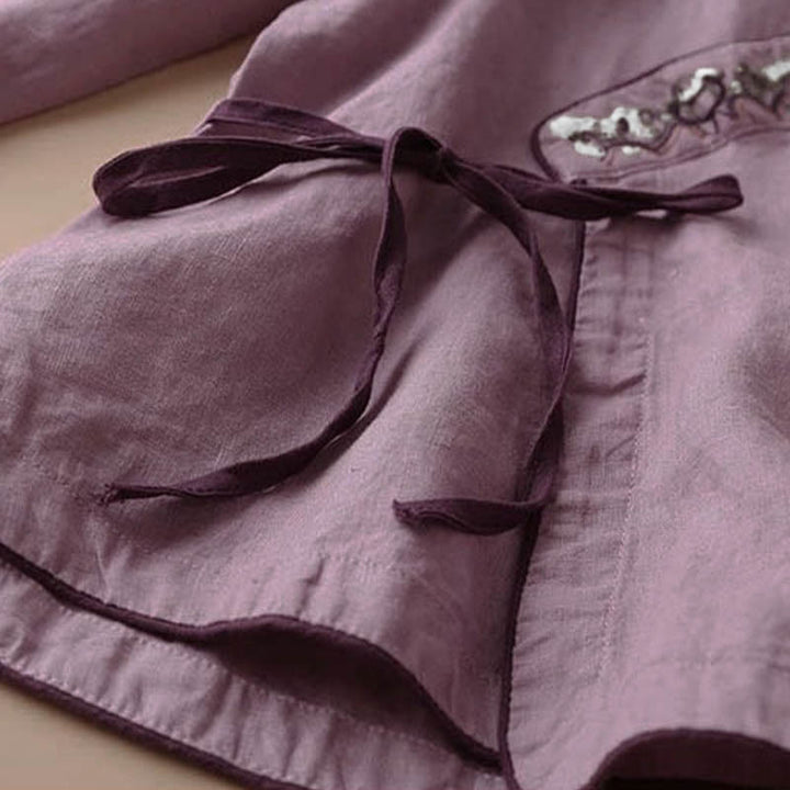 Buddha Stones Casual Embroidered Flowers Slant Collar Strap Long Sleeve Cotton Women's Shirt - image 9