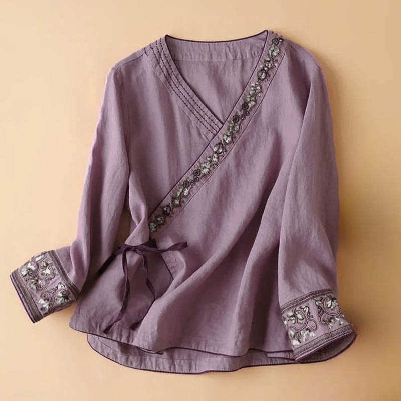 Buddha Stones Casual Embroidered Flowers Slant Collar Strap Long Sleeve Cotton Women's Shirt - Orchid - US12，UK/AU16，EU44 (3XL) - image 7