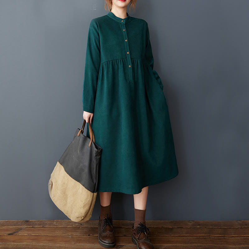 Buddha Stones Plain Buttons Design Thermal Cotton Linen Long Sleeve Midi Dress With Pockets - image 9