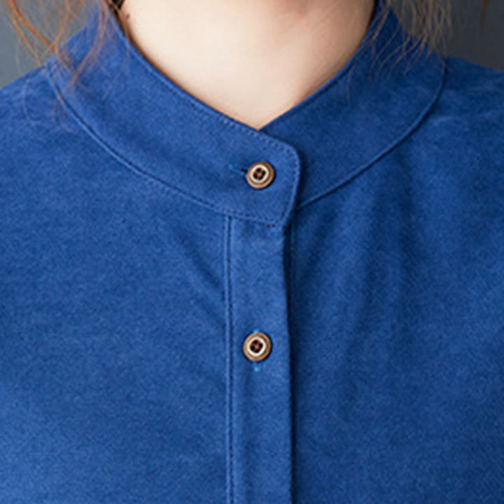 Buddha Stones Plain Buttons Design Thermal Cotton Linen Long Sleeve Midi Dress With Pockets - image 16