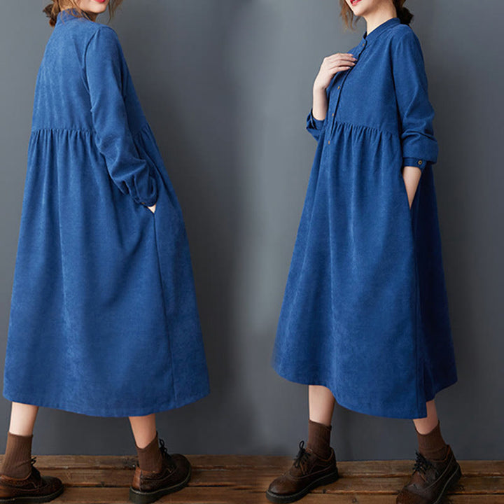 Buddha Stones Casual Plain Buttons Design Thermal Cotton Linen Midi Dress With Pockets - image 21