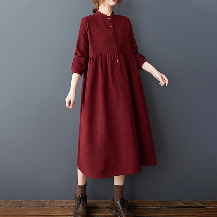 Buddha Stones Plain Buttons Design Thermal Cotton Linen Long Sleeve Midi Dress With Pockets - image 25