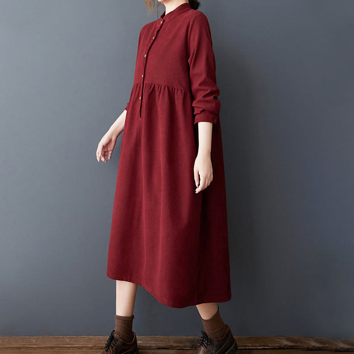 Buddha Stones Plain Buttons Design Thermal Cotton Linen Long Sleeve Midi Dress With Pockets - image 25