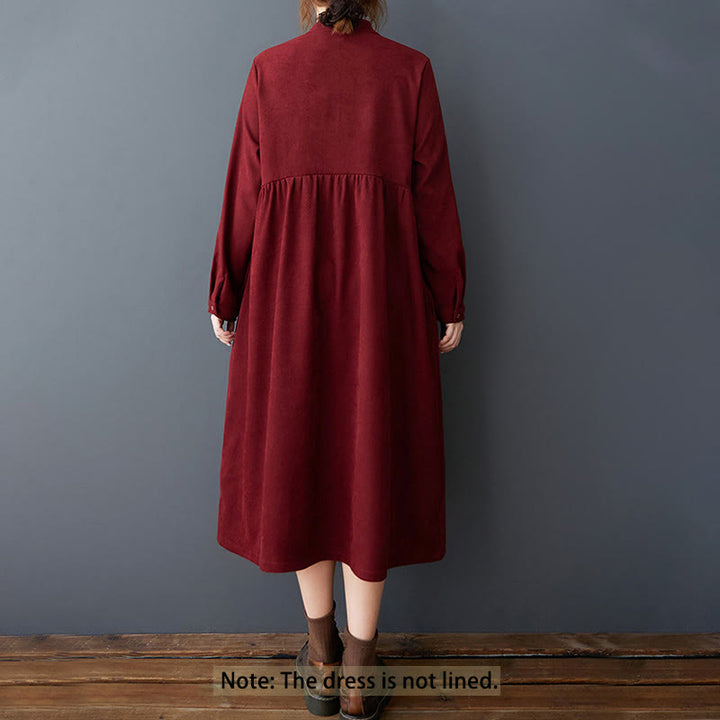 Buddha Stones Plain Buttons Design Thermal Cotton Linen Long Sleeve Midi Dress With Pockets - image 23