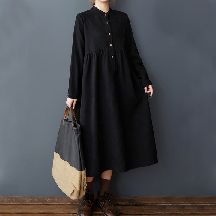 Buddha Stones Plain Buttons Design Thermal Cotton Linen Long Sleeve Midi Dress With Pockets - image 4