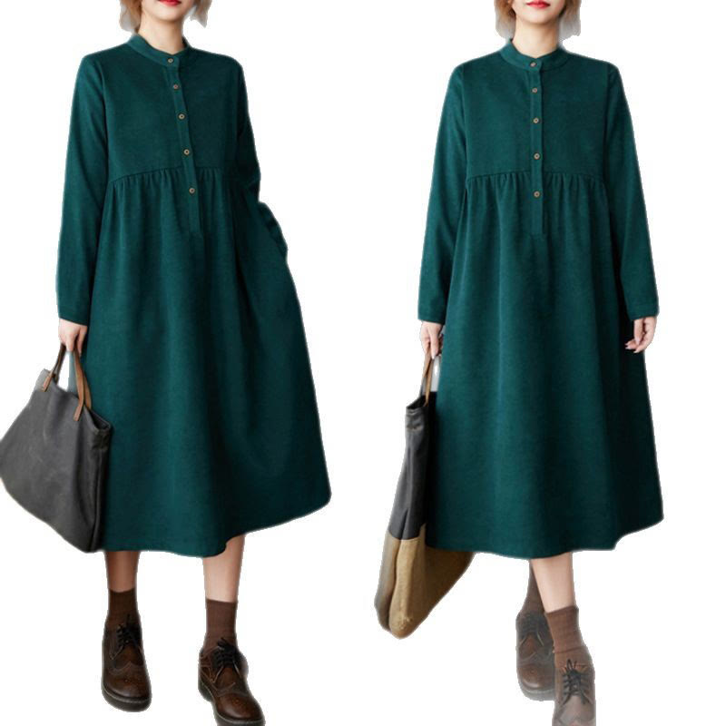 Buddha Stones Plain Buttons Design Thermal Cotton Linen Long Sleeve Midi Dress With Pockets - image 12