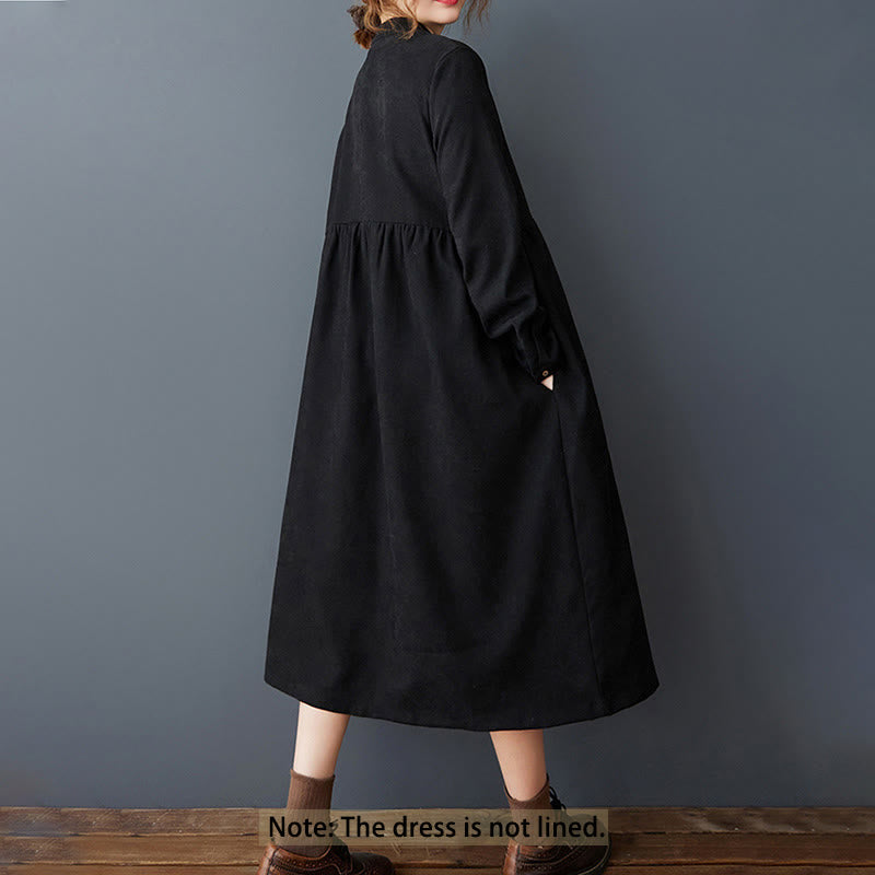 Buddha Stones Casual Plain Buttons Design Thermal Cotton Linen Midi Dress With Pockets - image 2