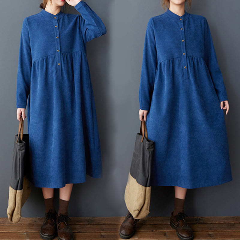 Buddha Stones Plain Buttons Design Thermal Cotton Linen Long Sleeve Midi Dress With Pockets - image 19