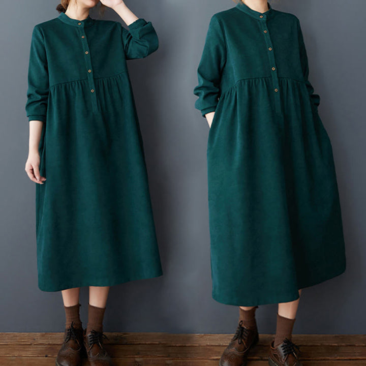 Buddha Stones Casual Plain Buttons Design Thermal Cotton Linen Midi Dress With Pockets - image 12