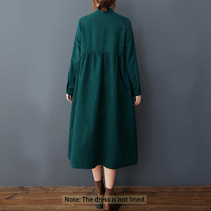 Buddha Stones Plain Buttons Design Thermal Cotton Linen Long Sleeve Midi Dress With Pockets - image 7