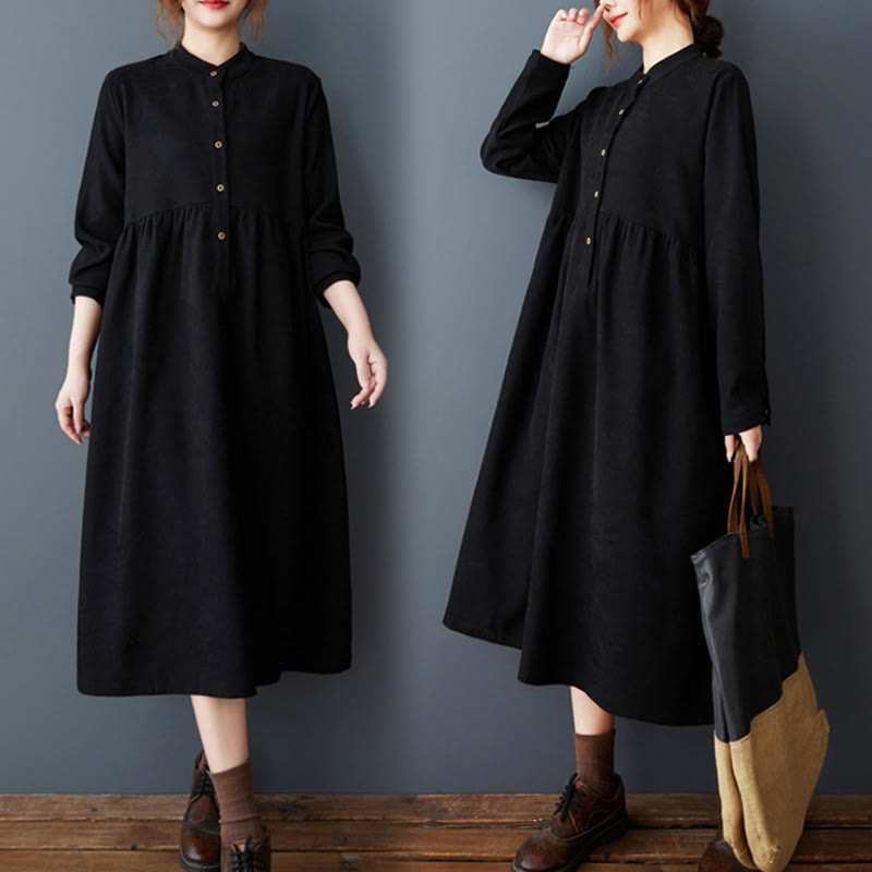 Buddha Stones Plain Buttons Design Thermal Cotton Linen Long Sleeve Midi Dress With Pockets - Black - US8-10，UK/AU12-14，EU40-42 (2XL) - image 1