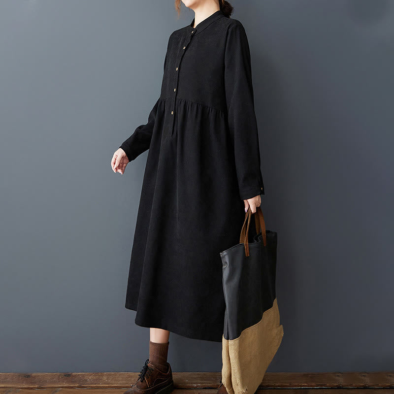 Buddha Stones Plain Buttons Design Thermal Cotton Linen Long Sleeve Midi Dress With Pockets - image 2