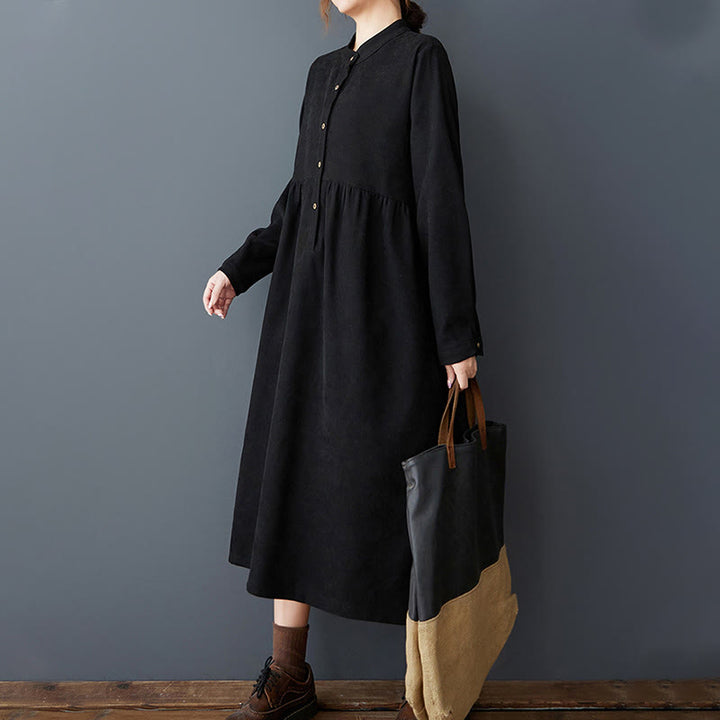 Buddha Stones Plain Buttons Design Thermal Cotton Linen Long Sleeve Midi Dress With Pockets - image 2
