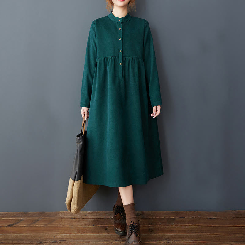 Buddha Stones Plain Buttons Design Thermal Cotton Linen Long Sleeve Midi Dress With Pockets - image 11