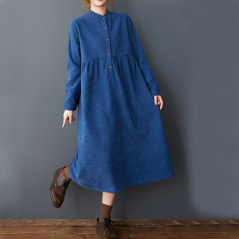 Buddha Stones Casual Plain Buttons Design Thermal Cotton Linen Midi Dress With Pockets - image 16