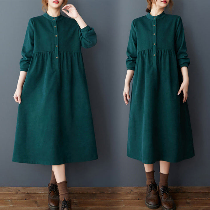 Buddha Stones Plain Buttons Design Thermal Cotton Linen Long Sleeve Midi Dress With Pockets - Teal - US8-10，UK/AU12-14，EU40-42 (2XL) - image 5