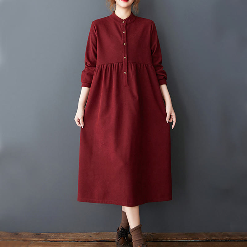 Buddha Stones Casual Plain Buttons Design Thermal Cotton Linen Midi Dress With Pockets - image 24
