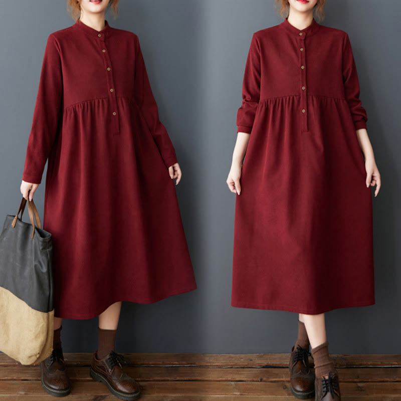 Buddha Stones Plain Buttons Design Thermal Cotton Linen Long Sleeve Midi Dress With Pockets - FireBrick - US8-10，UK/AU12-14，EU40-42 (2XL) - image 22