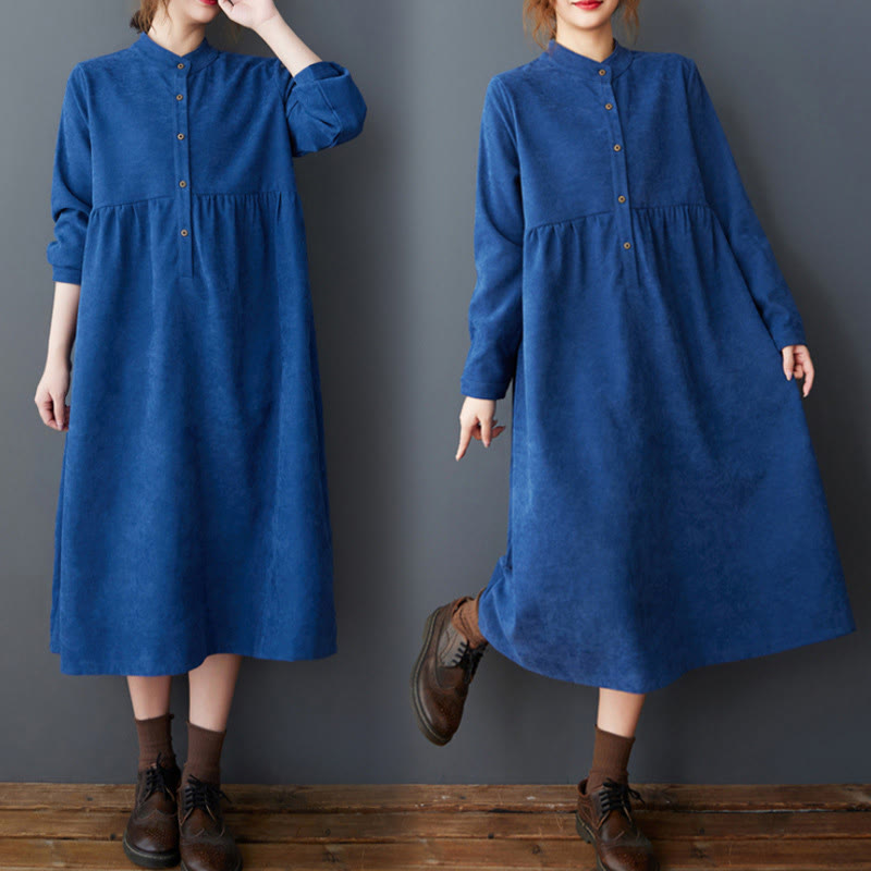 Buddha Stones Plain Buttons Design Thermal Cotton Linen Long Sleeve Midi Dress With Pockets - MediumBlue - US8-10，UK/AU12-14，EU40-42 (2XL) - image 13