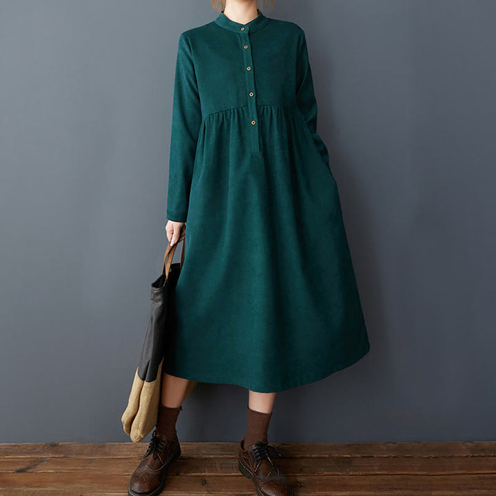 Buddha Stones Plain Buttons Design Thermal Cotton Linen Long Sleeve Midi Dress With Pockets - image 8