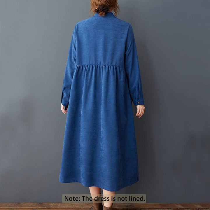Buddha Stones Plain Buttons Design Thermal Cotton Linen Long Sleeve Midi Dress With Pockets - image 15