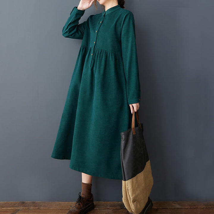 Buddha Stones Plain Buttons Design Thermal Cotton Linen Long Sleeve Midi Dress With Pockets - image 8