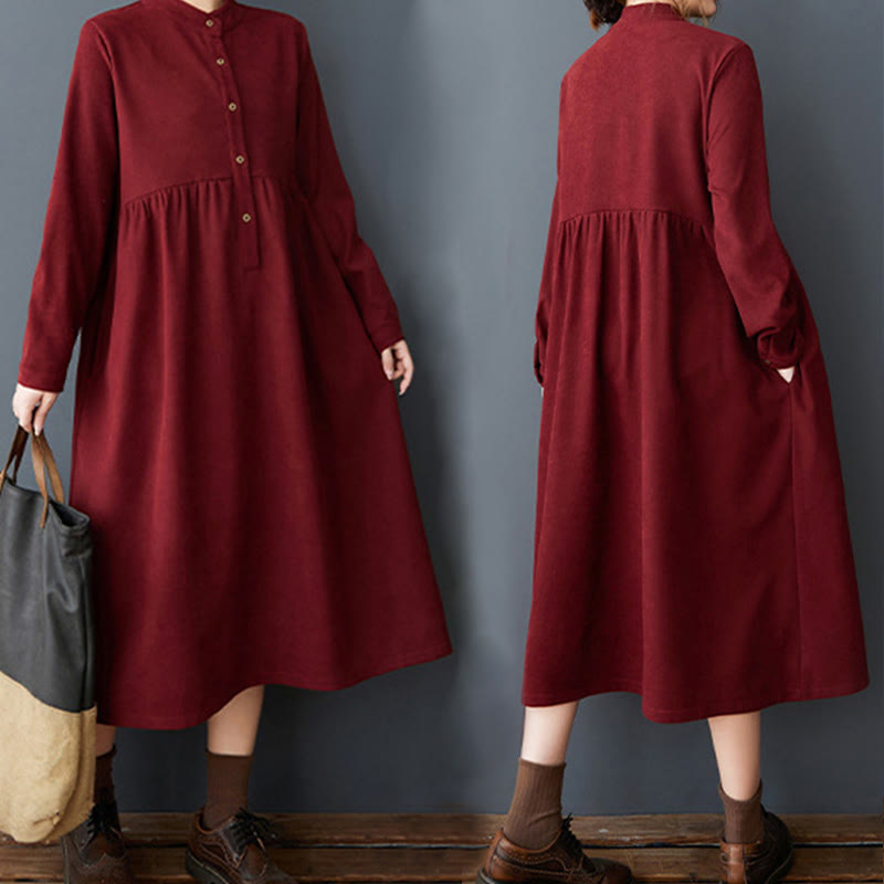 Buddha Stones Plain Buttons Design Thermal Cotton Linen Long Sleeve Midi Dress With Pockets - image 27