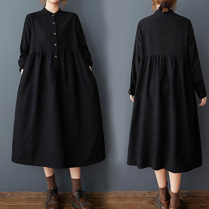 Buddha Stones Casual Plain Buttons Design Thermal Cotton Linen Midi Dress With Pockets - image 5