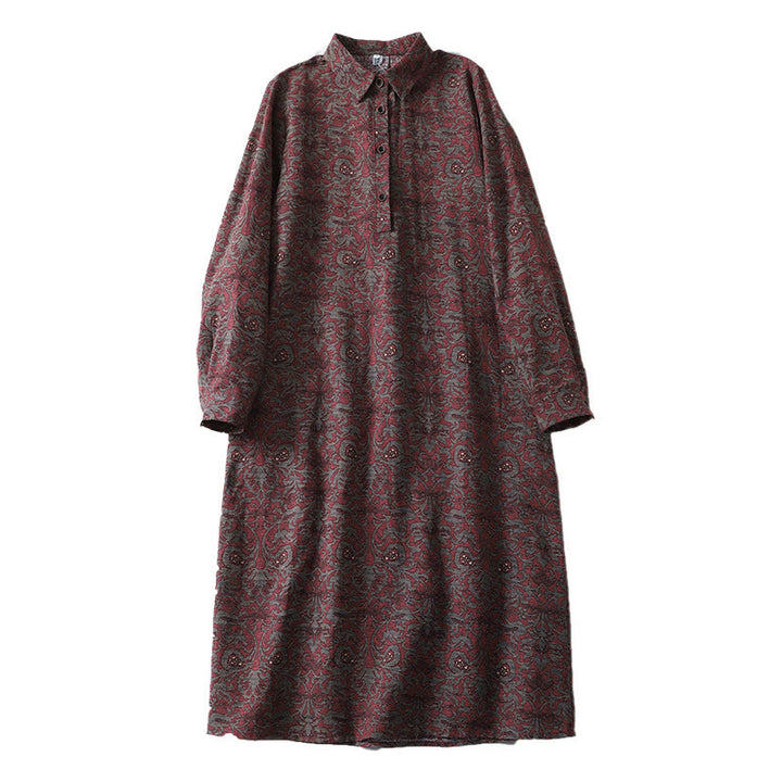 Buddha Stones Brown Printing Floral Pattern Lapel Cotton Linen Long Sleeve Midi Dress With Pockets - image 12