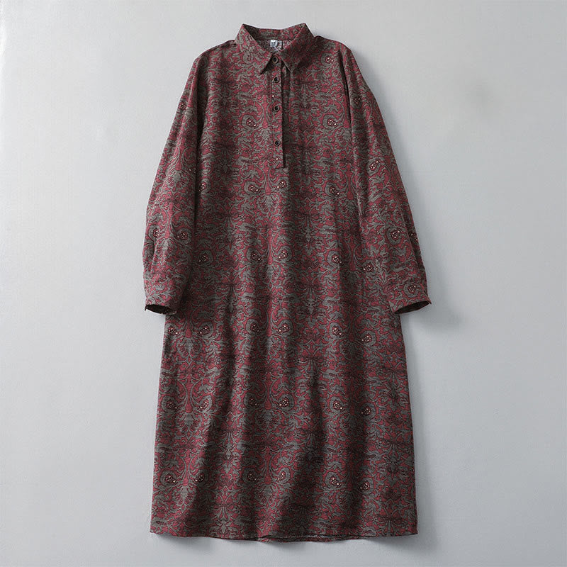 Buddha Stones Brown Retro Printing Floral Pattern Lapel Cotton Linen Midi Dress With Pockets - Brown - US8-10，UK/AU12-14，EU40-42 (2XL) - image 1