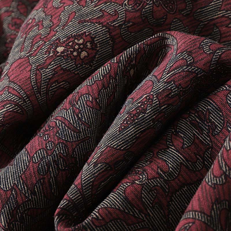Buddha Stones Brown Retro Printing Floral Pattern Lapel Cotton Linen Midi Dress With Pockets - image 9