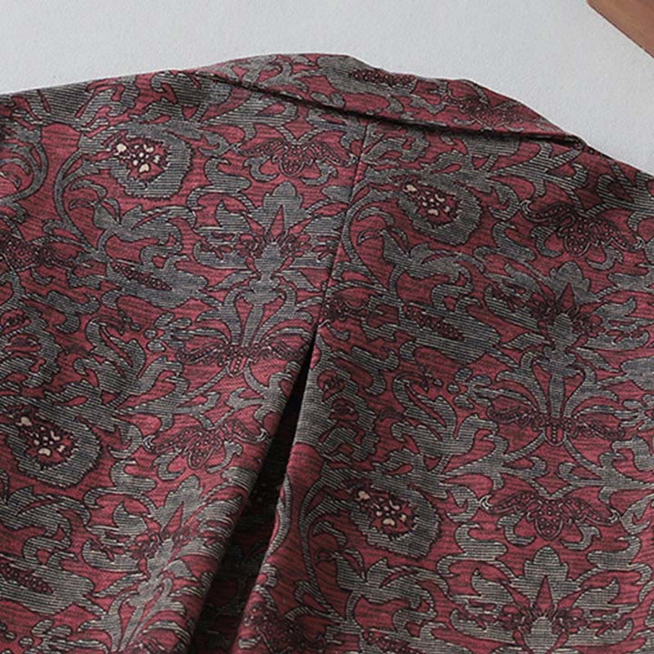 Buddha Stones Brown Printing Floral Pattern Lapel Cotton Linen Long Sleeve Midi Dress With Pockets - image 5