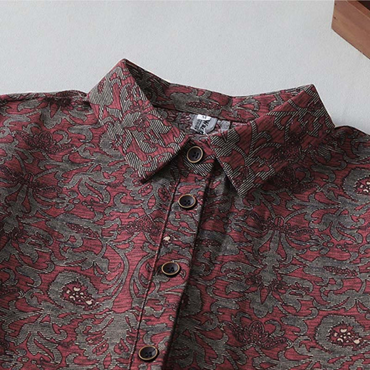 Buddha Stones Brown Printing Floral Pattern Lapel Cotton Linen Long Sleeve Midi Dress With Pockets - image 2