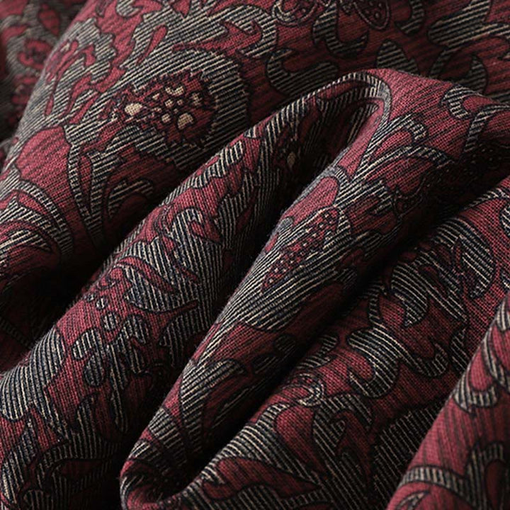 Buddha Stones Brown Printing Floral Pattern Lapel Cotton Linen Long Sleeve Midi Dress With Pockets - image 8