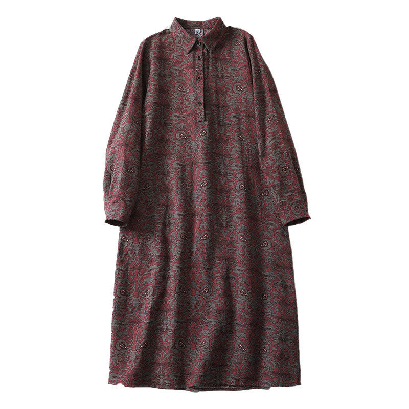 Buddha Stones Brown Retro Printing Floral Pattern Lapel Cotton Linen Midi Dress With Pockets - image 13