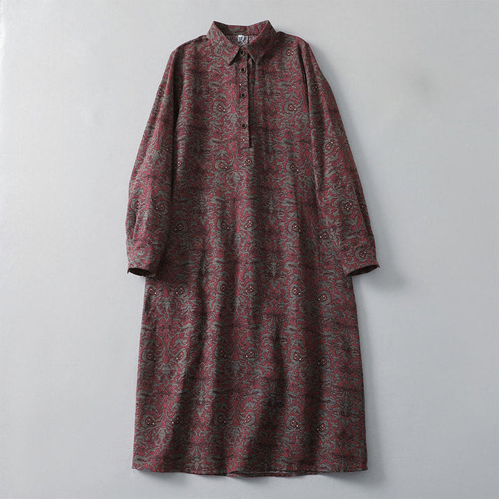 Buddha Stones Brown Printing Floral Pattern Lapel Cotton Linen Long Sleeve Midi Dress With Pockets - Brown - US8-10，UK/AU12-14，EU40-42 (2XL) - image 0